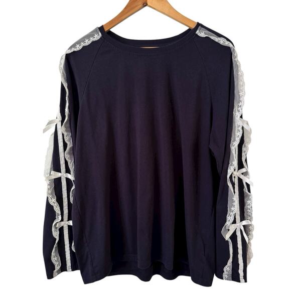 Dazy Navy Blue White Lace Ribbon Sleeve T-Shirt Size Large - Picture 1 of 6